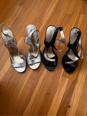 Versace x H&M two pairs of heels, black patent leather and silver size 39 us 8